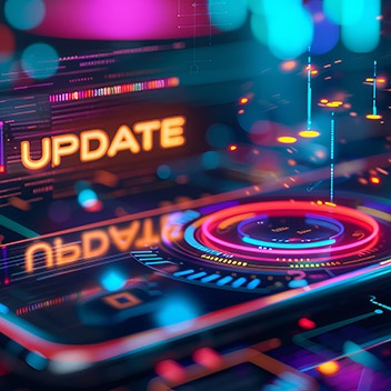 KI-generiertes Bild mit einem neonfarbenen Motherboard mit Button und dem Schriftzug "Update".